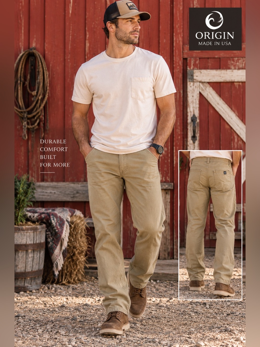ORIGIN USA MOAB Stretch Cotton Pants Straight Dark Khaki Men’s 34x30 Made USA